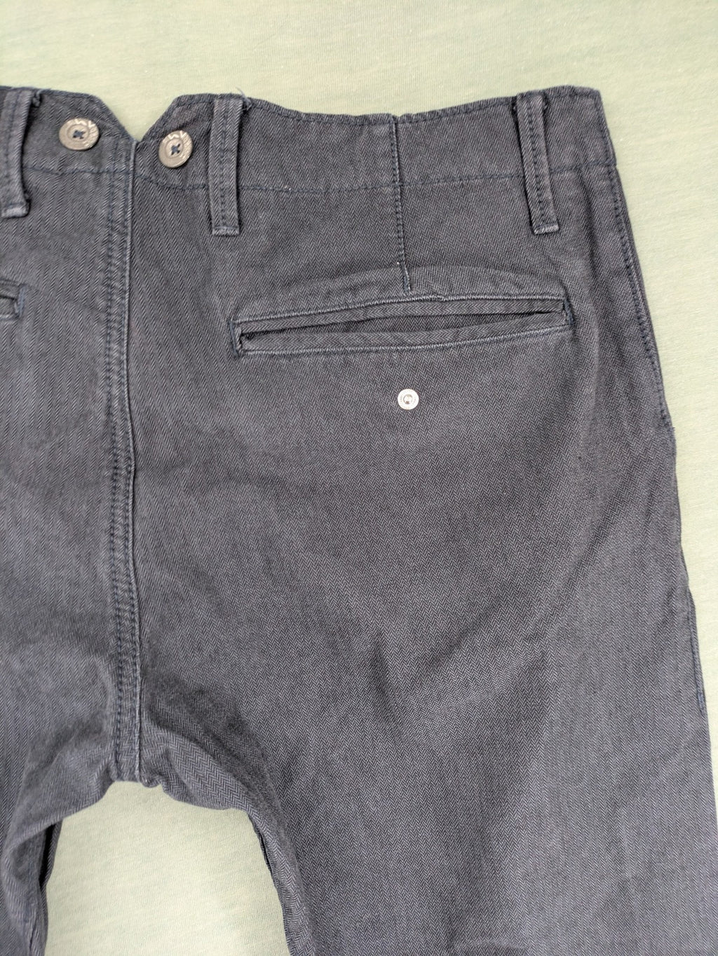 WE grey straight leg chinos 100% cotton button fly with unique brand buttons