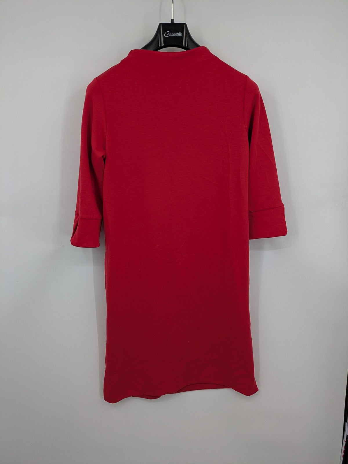 H&M red A-line dress with stand collar, 3/4 sleeves, and side pockets in stretchy jersey.