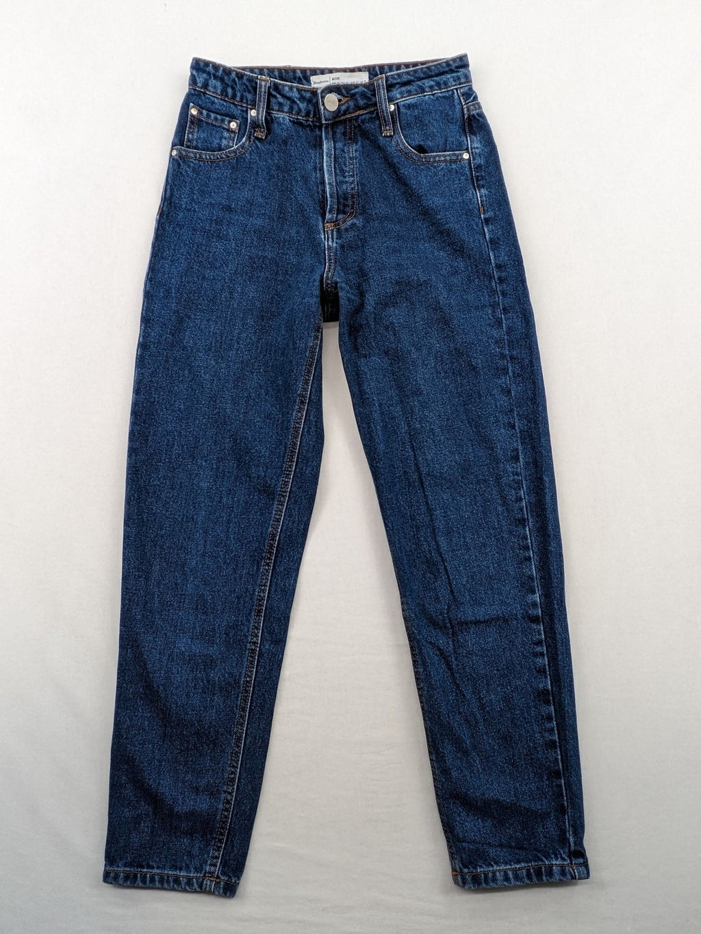 Stradivarius blue mom jeans high waist with button fly and classic denim texture.