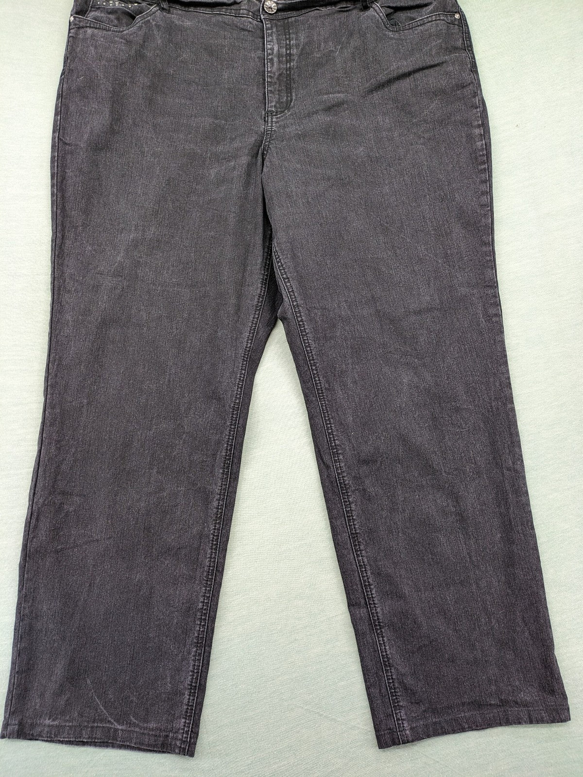 Charles Vögele grey straight jeans with elastic waistband and decorative studs on pockets.