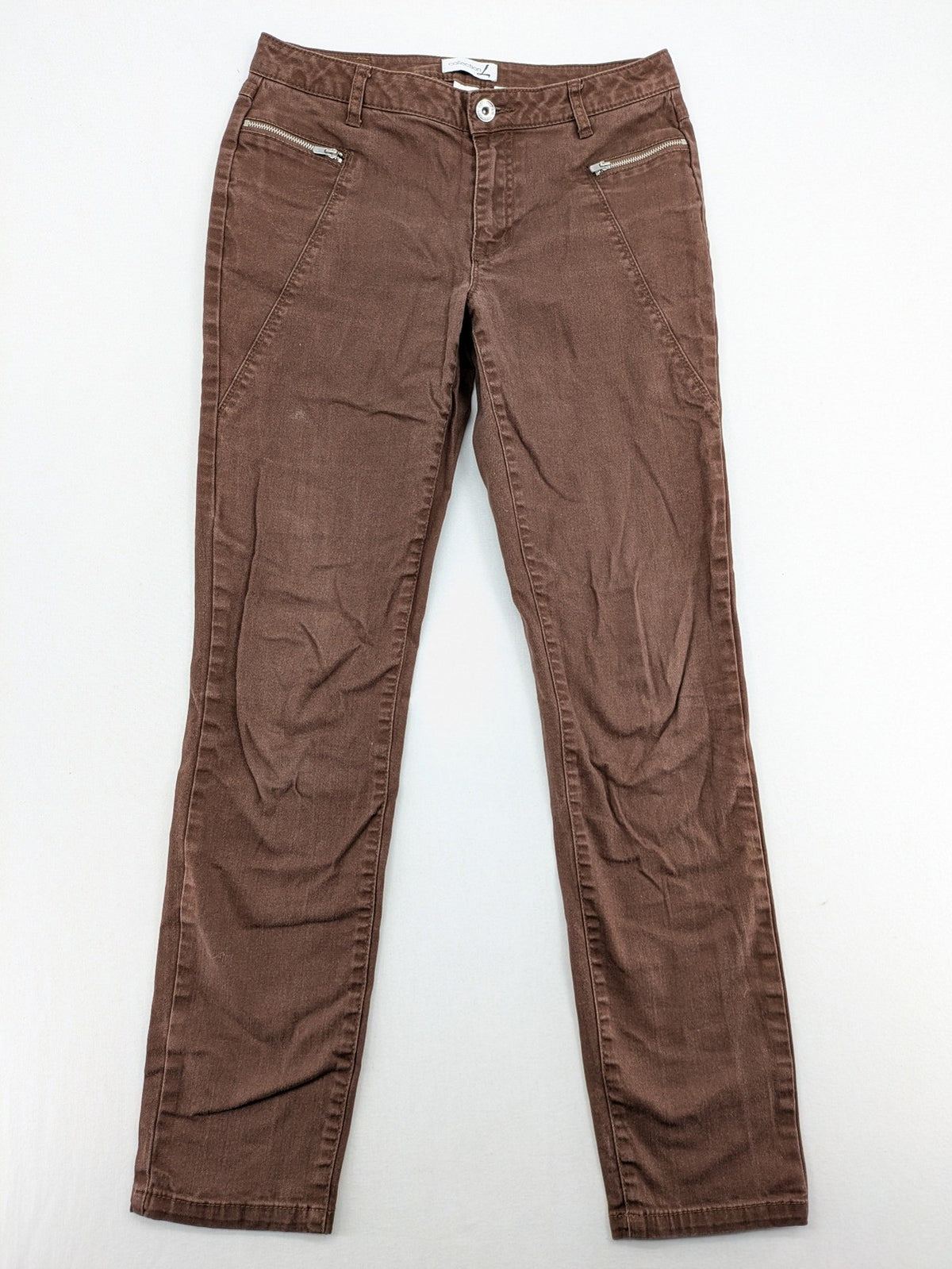 collection L brown pants cotton-stretch slim fit with diagonal zip pockets