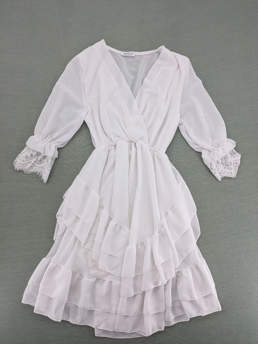 Amalfi white bridal party dress V-neck layered ruffles with lace trim sleeves