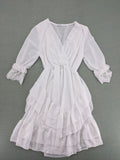 Amalfi white bridal party dress V-neck layered ruffles with lace trim sleeves