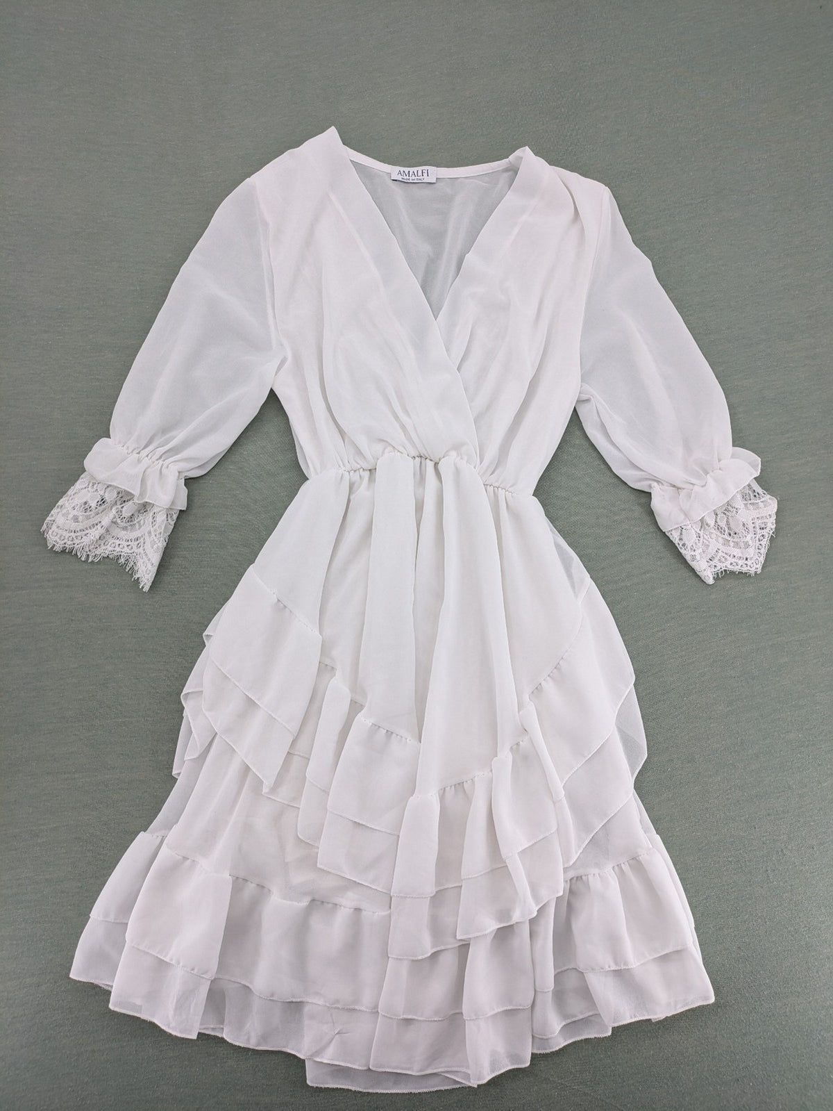 Amalfi white bridal party dress V-neck layered ruffles with lace trim sleeves