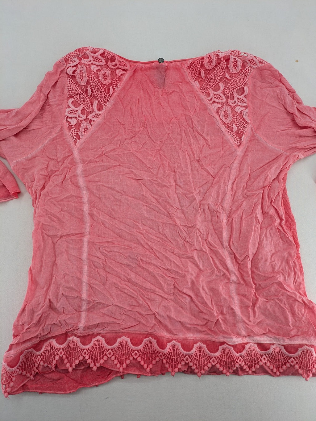 TREDY pink top with butterfly graphic, embellished with rhinestones and lace accents.