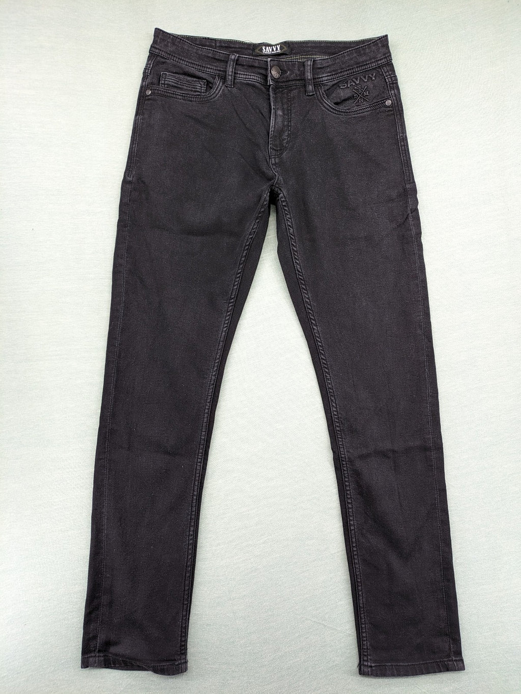 Savvy black straight jeans with washed finish and slim fit, made from stretch denim.