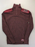 Infinity burgundy turtle neck jumper with quarter-zip and ribbed knit texture.