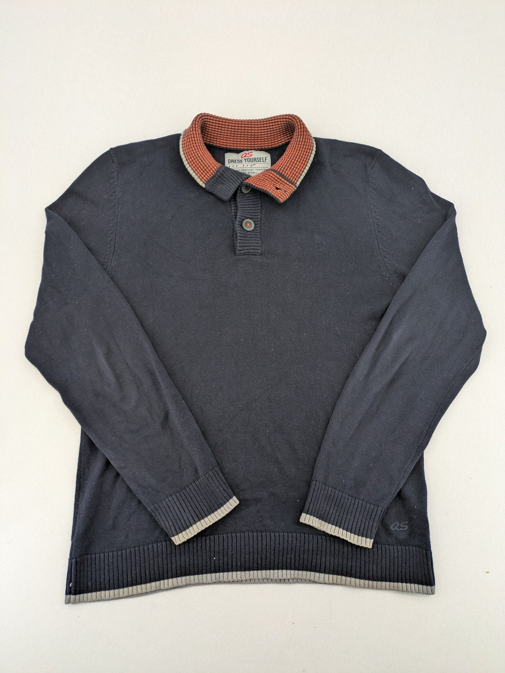 QS Dress Yourself orange and grey contrast collar dark blue turtle neck jumper