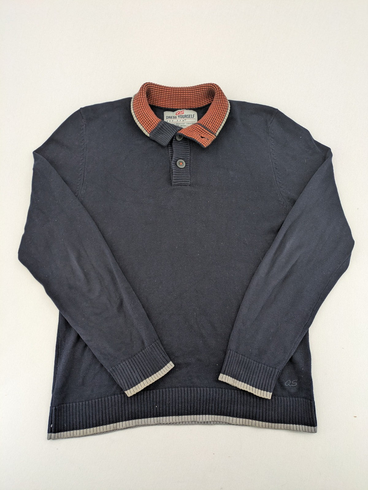 QS Dress Yourself orange and grey contrast collar dark blue turtle neck jumper