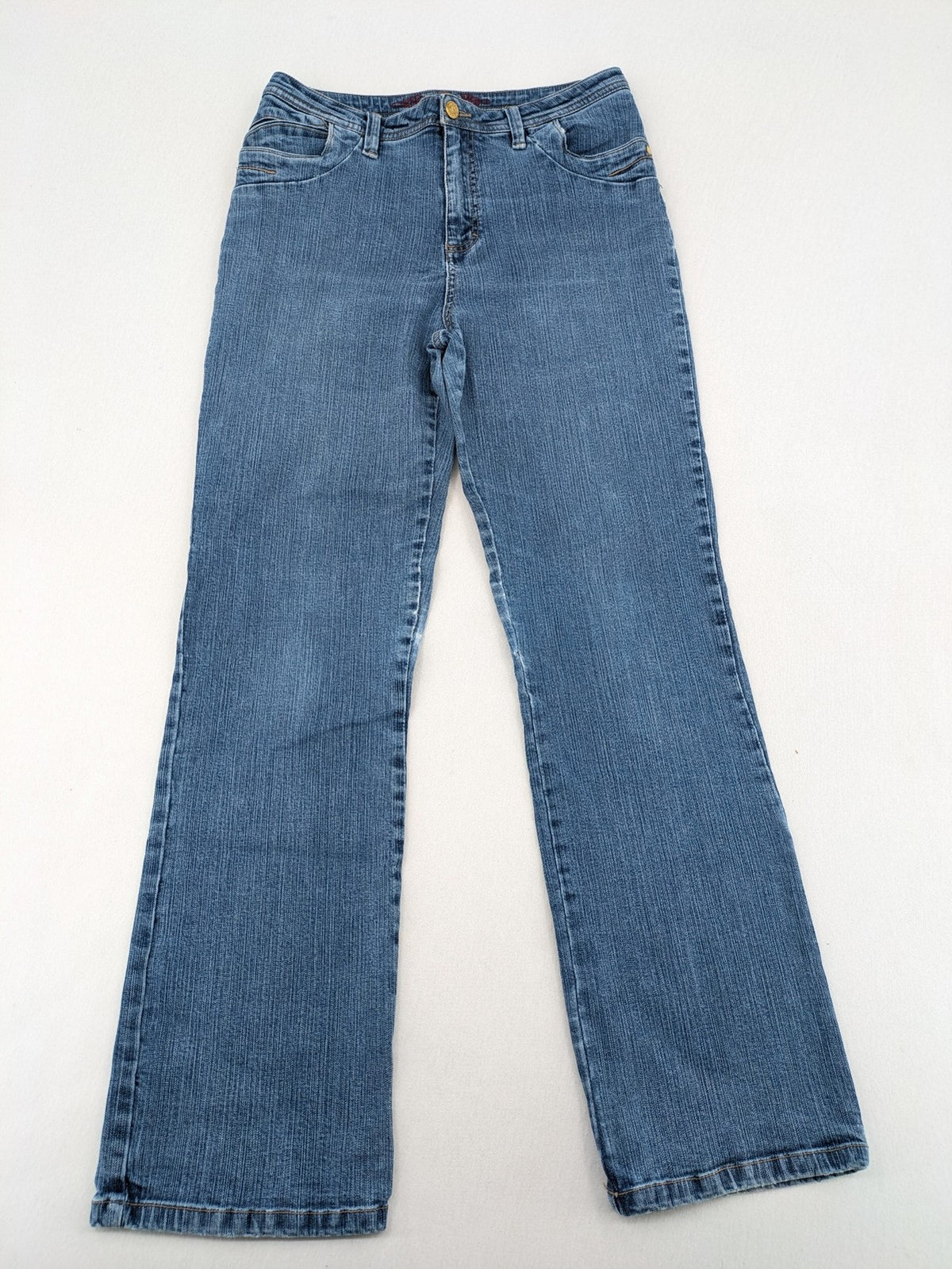 Vunic blue bootcut jeans medium wash five-pocket style with zipper and button closure