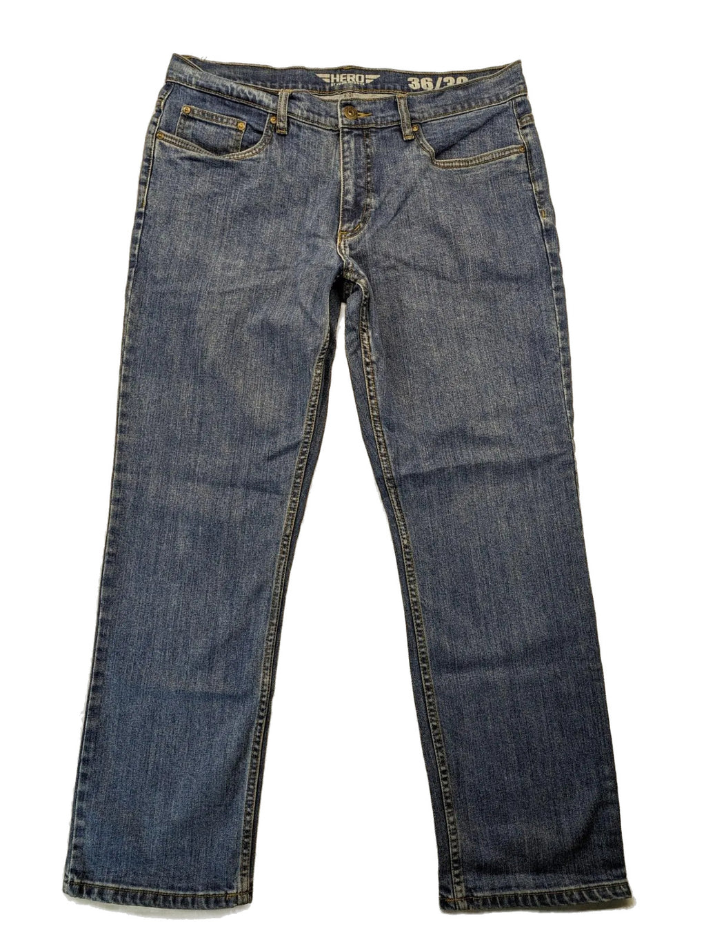 Hero By John Meddox blue straight jeans with five-pocket design and zip fly.