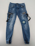 FN.G blue straight jeans with AC/DC patch, smiley face, and elastic jogger cuffs.