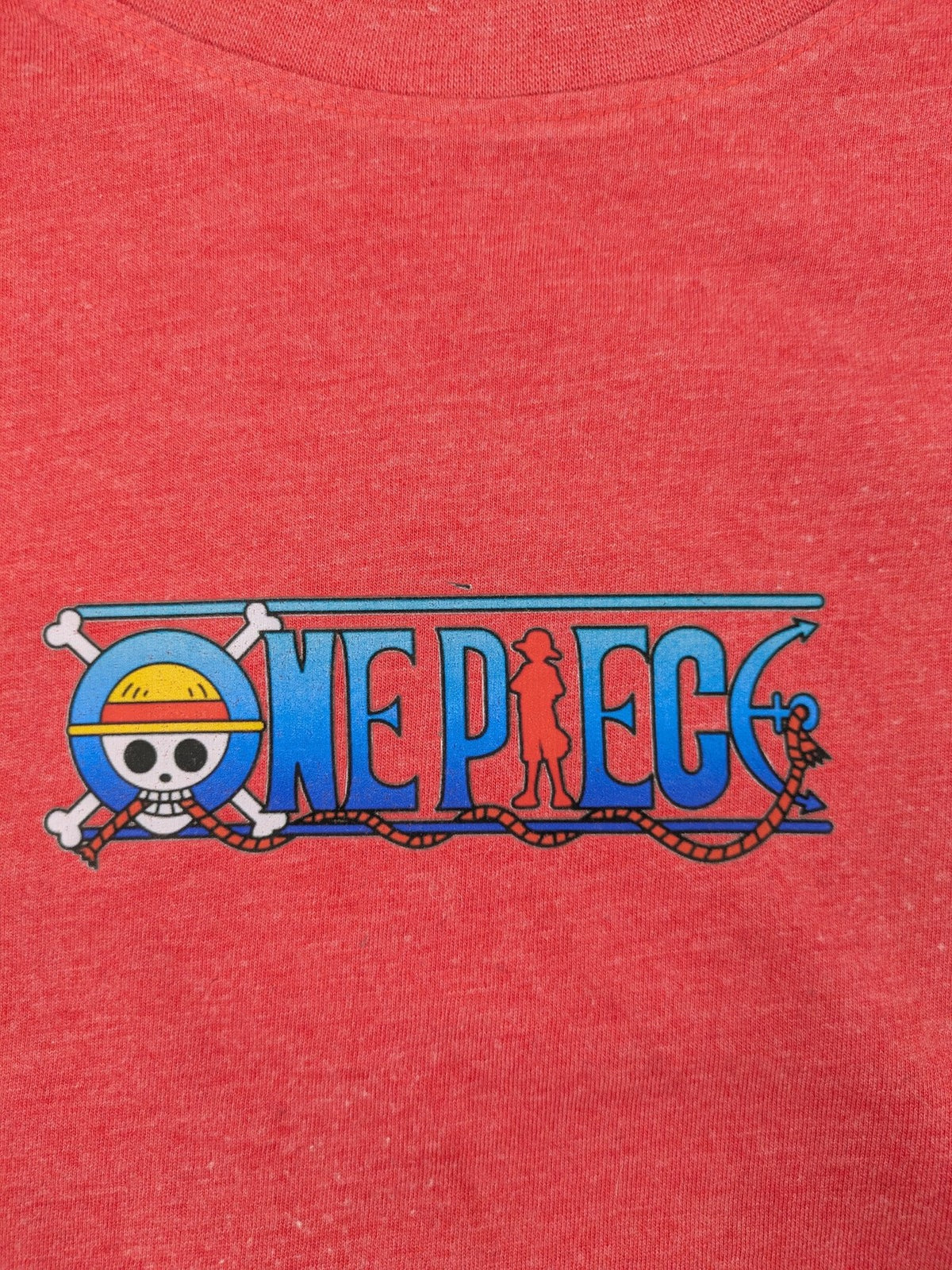 One Piece band t-shirt red melange with prominent logo graphic on chest.