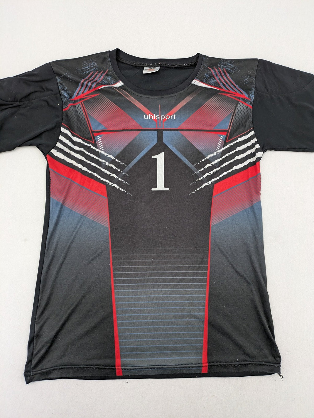 uhlsport long sleeve goalkeeper jersey black with red and blue accents, padded elbows, number 1