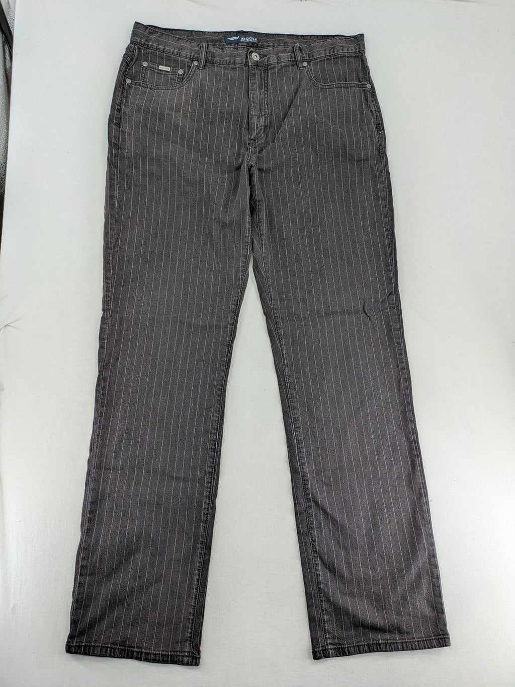 Arizona grey straight jeans with white pinstripe pattern, cotton blend material.