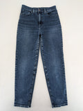 Levi's high waisted taper jeans dark blue 5-pocket design with zipper and stretch material.