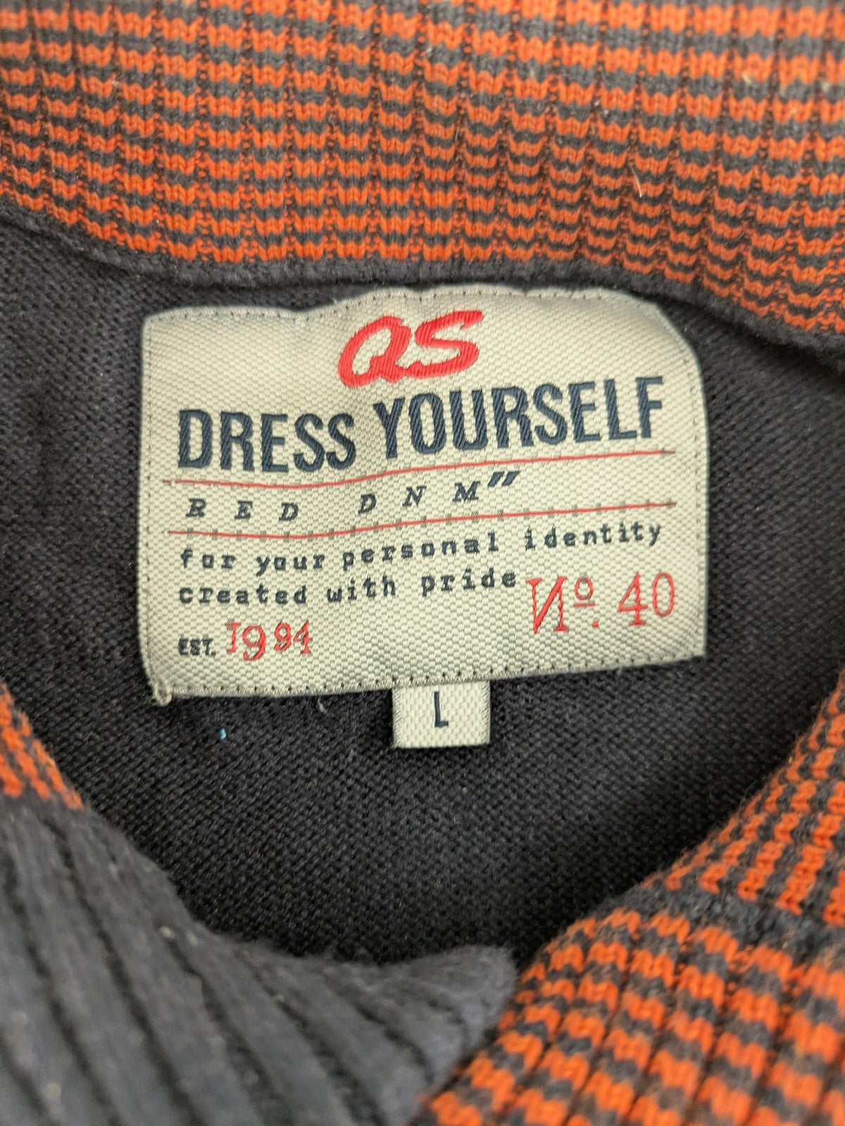 QS Dress Yourself orange and grey contrast collar dark blue turtle neck jumper
