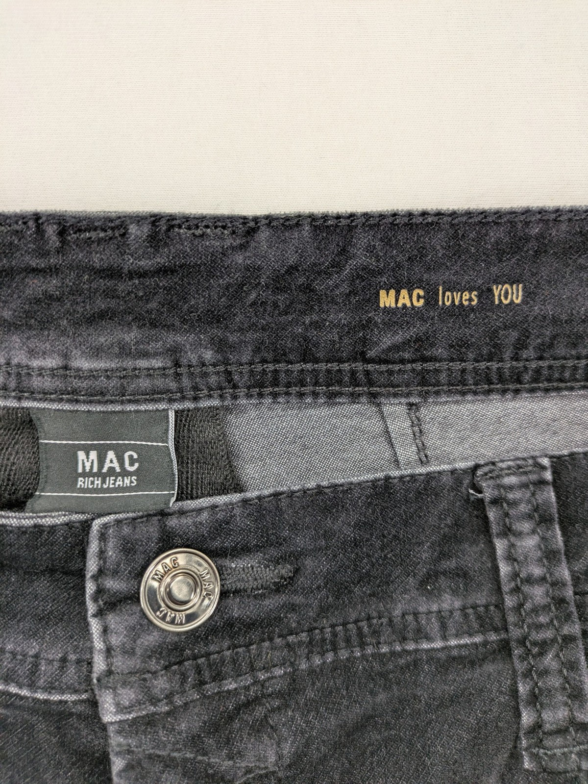 Mac Jeans grey cargo pants soft corduroy biker style with zipper details.