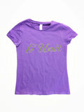 G-Unit gold and purple graphic T-shirt with raised black logo print.