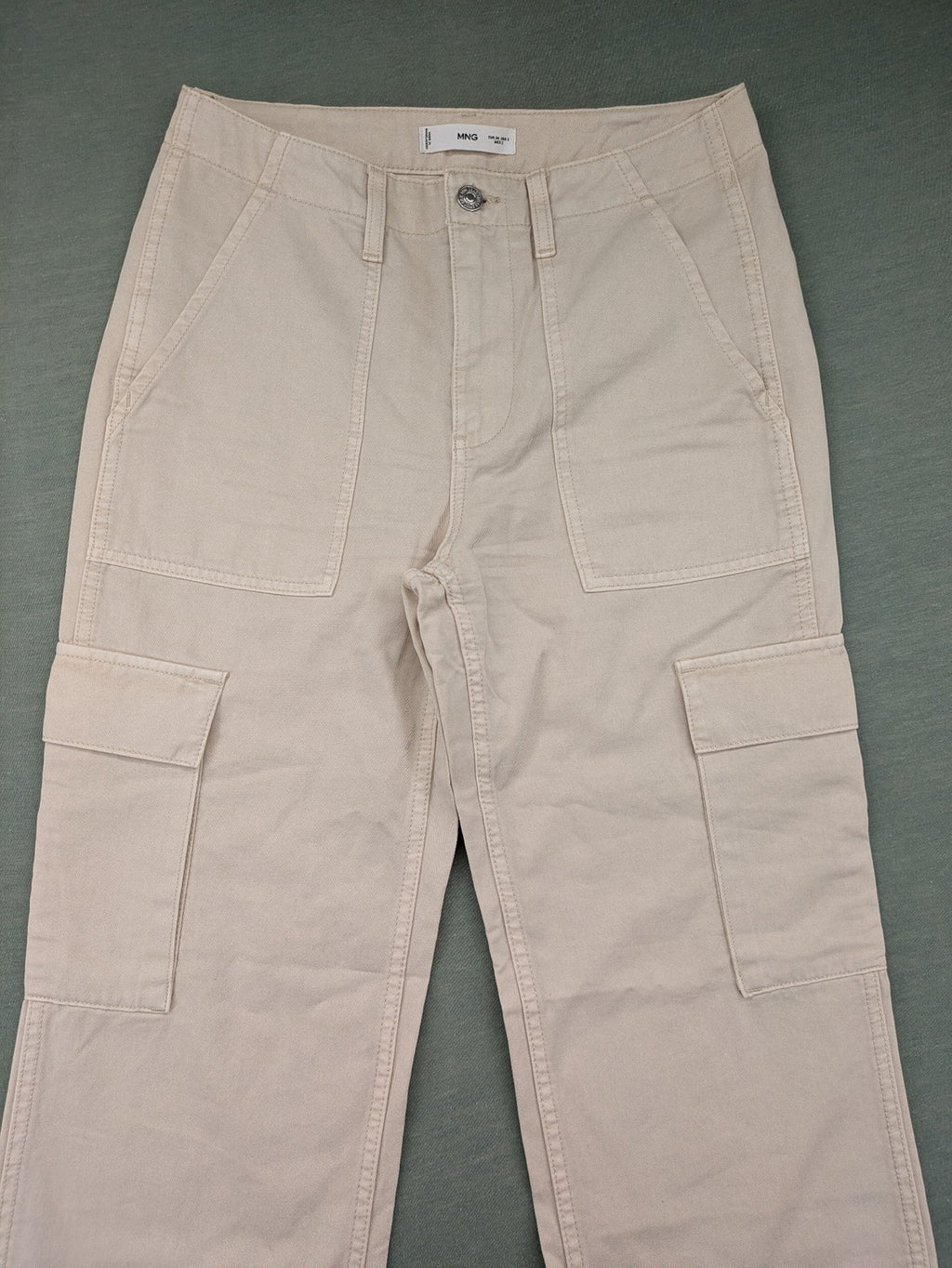 MNG beige cargo pants with straight leg, button closure, and patch pockets.