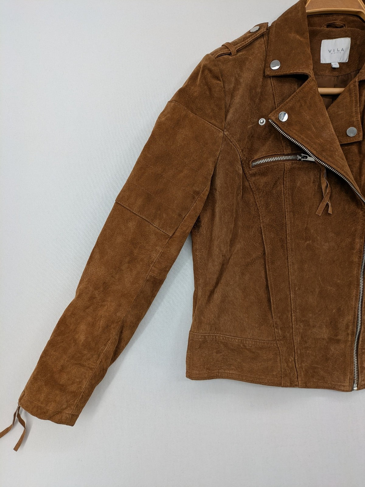 Vila brown biker jacket Vicris soft suede asymmetric zipper metal details