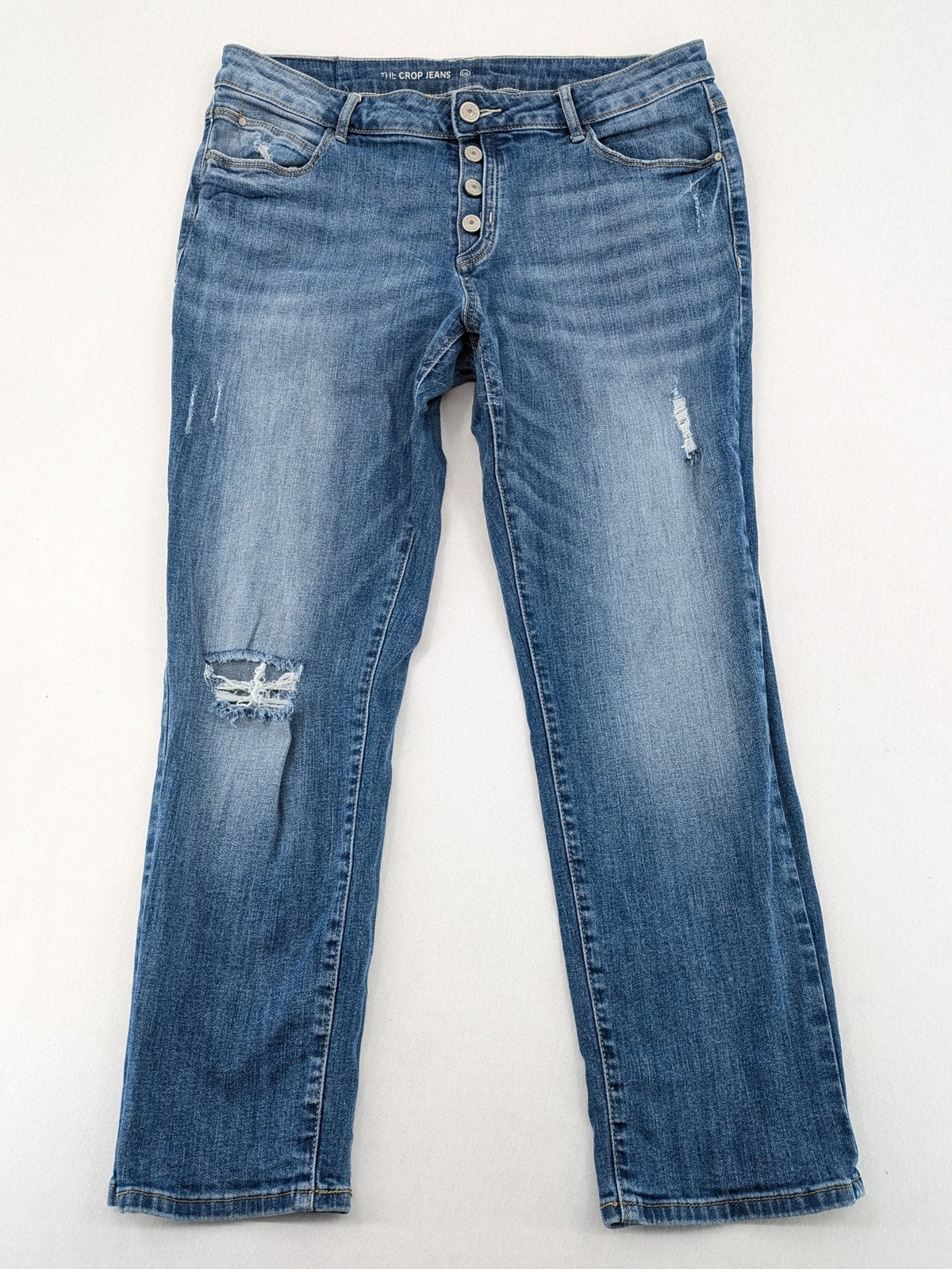Yessica blue straight jeans distressed details button fly cropped style
