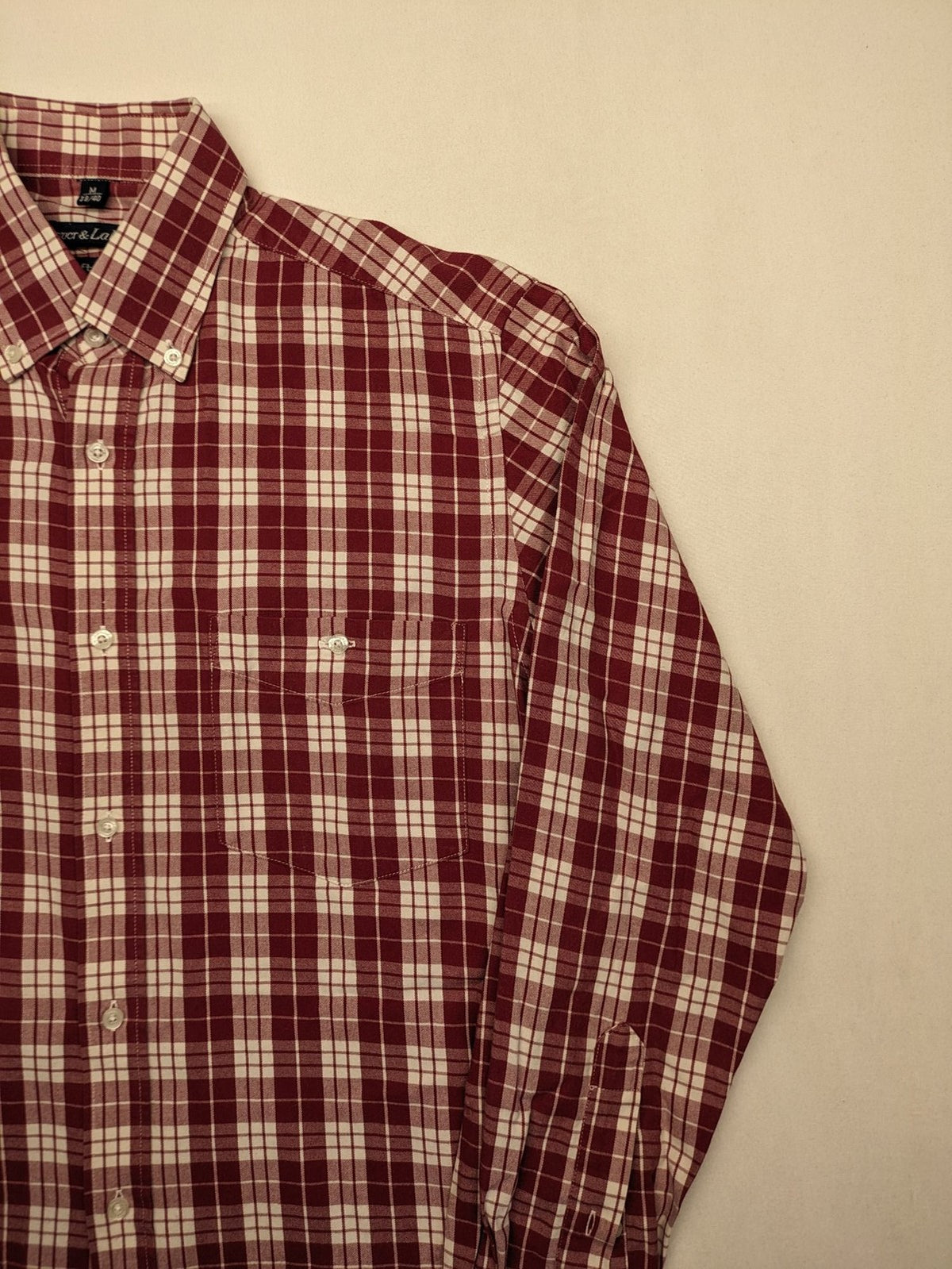 Rover & Lakes red checkered long sleeve shirt, button-down collar, 100% cotton twill.