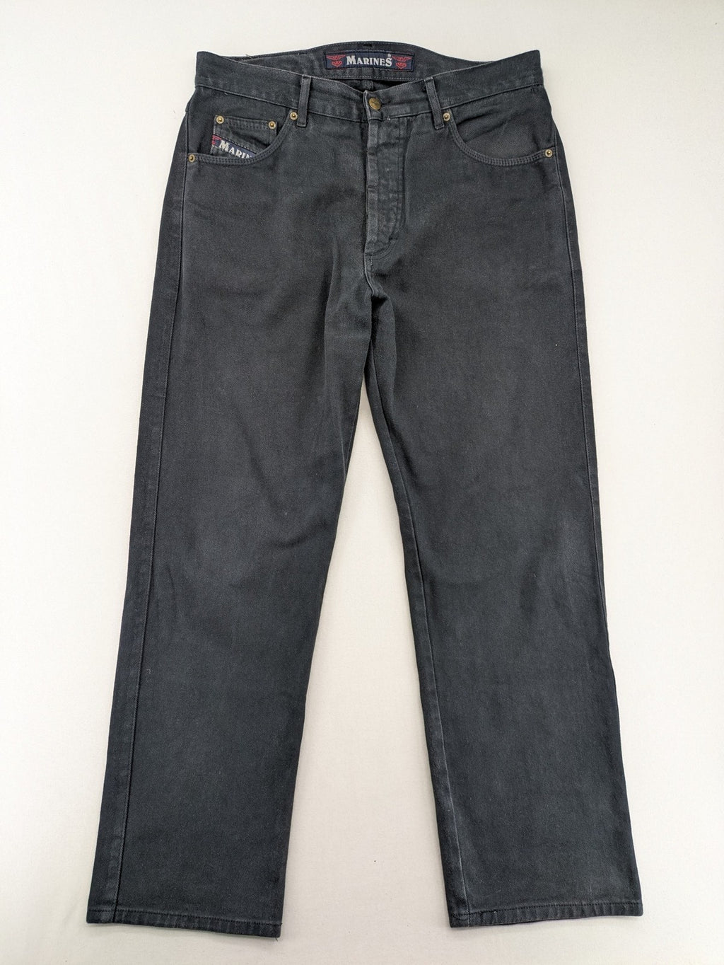 Marines blue straight jeans regular fit with button fly and logo patch detail.