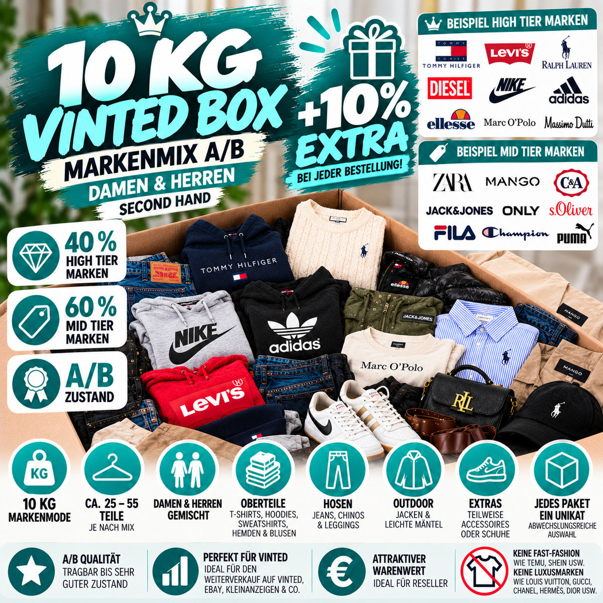 ALS green and navy apparel mix box with assorted secondhand fashion items.