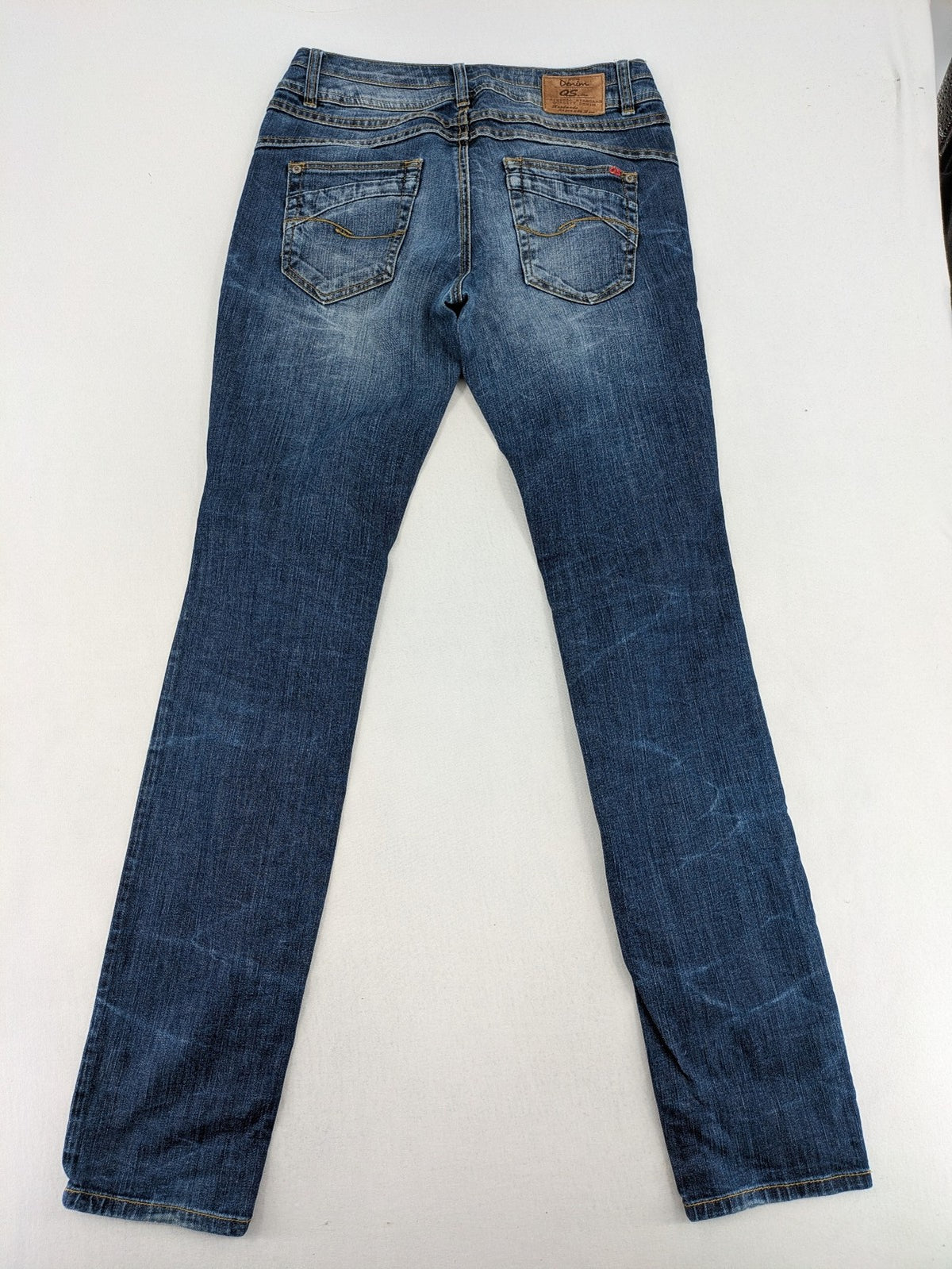 QS by s.Oliver green straight jeans five-pocket design with unique double button closure