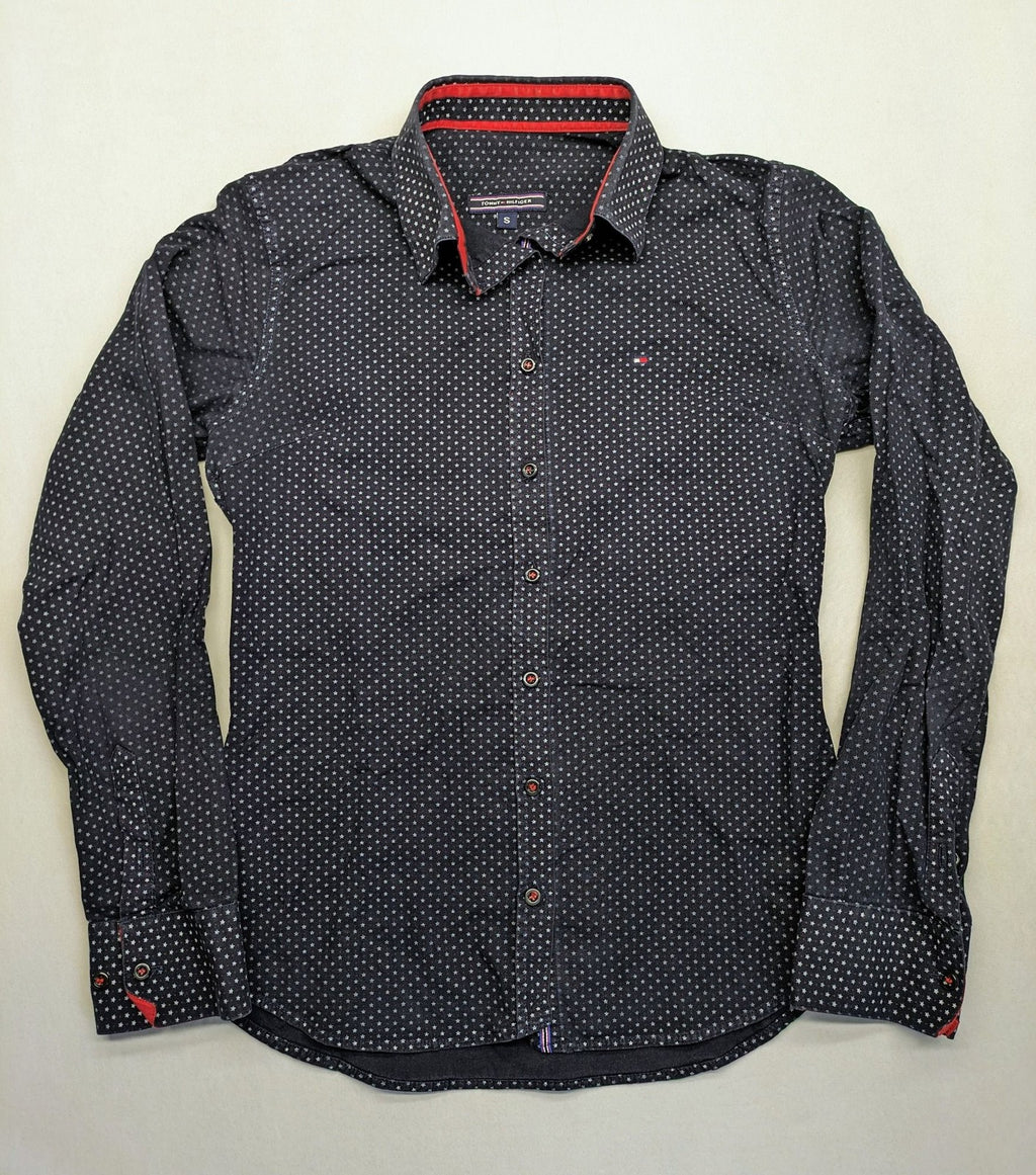 Tommy Hilfiger navy button-down shirt with white star pattern and embroidered flag logo.
