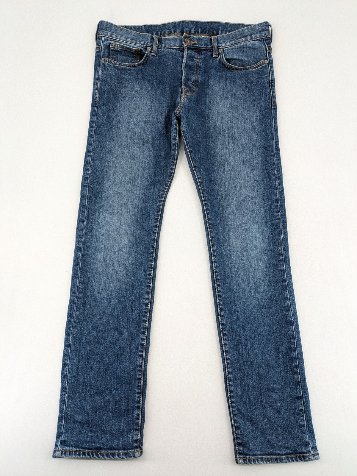 H&M blue slim fit jeans low waist 5-pocket style button fly stretch denim