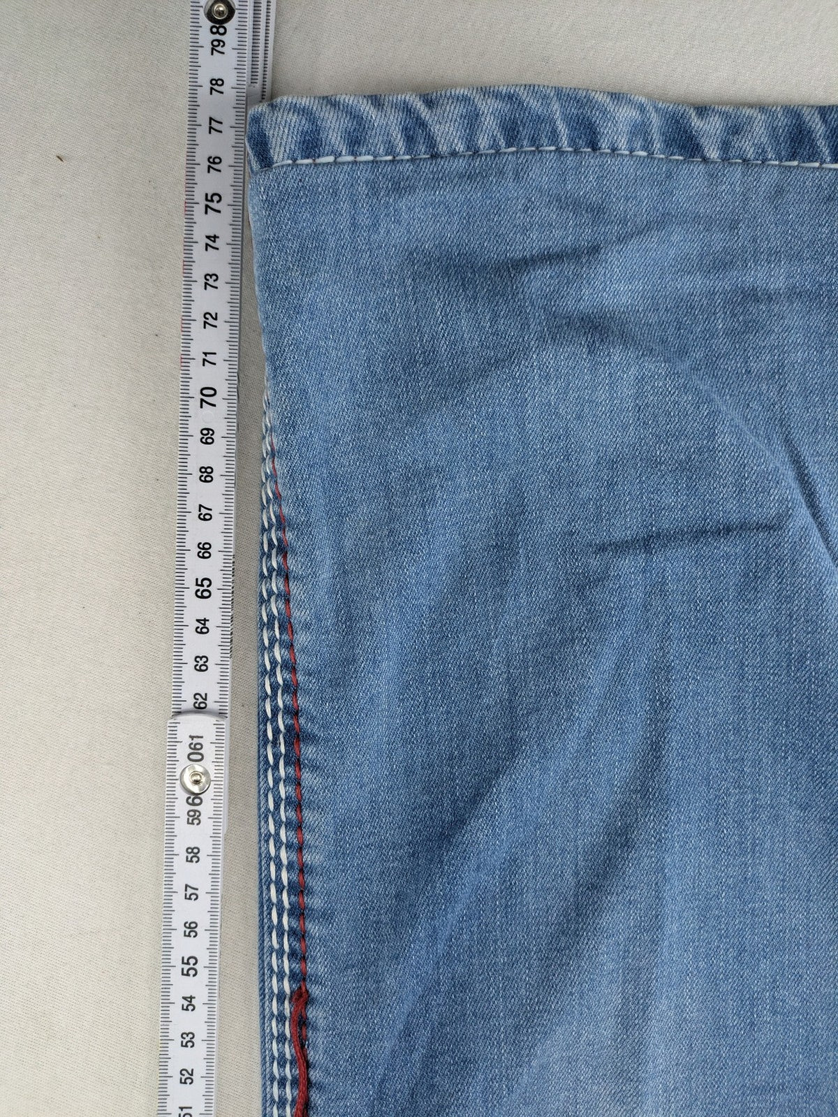 R-Neal blue straight jeans with red-white contrast stitching and classic 5-pocket design.