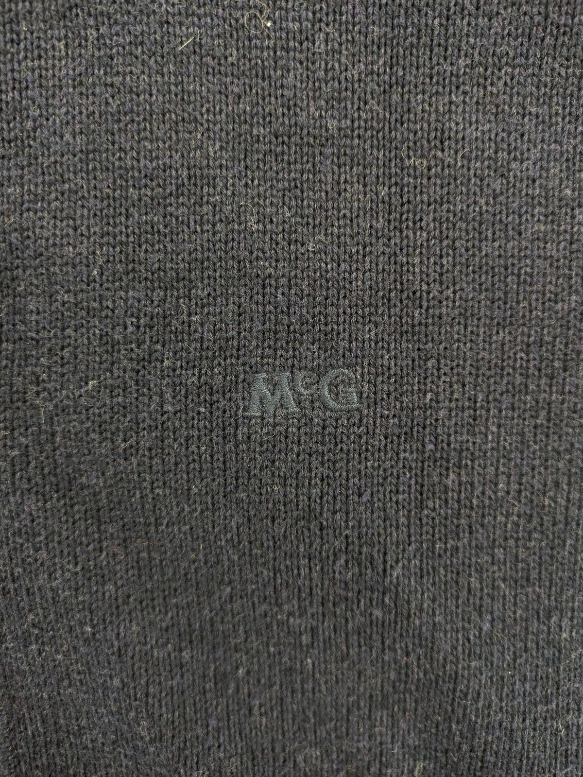 McGregor blue cardigan with elbow patches, button front, subtle logo, cotton-wool blend.