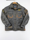 Junge brown bomber jacket with vintage patches and embroidered details in faux leather.