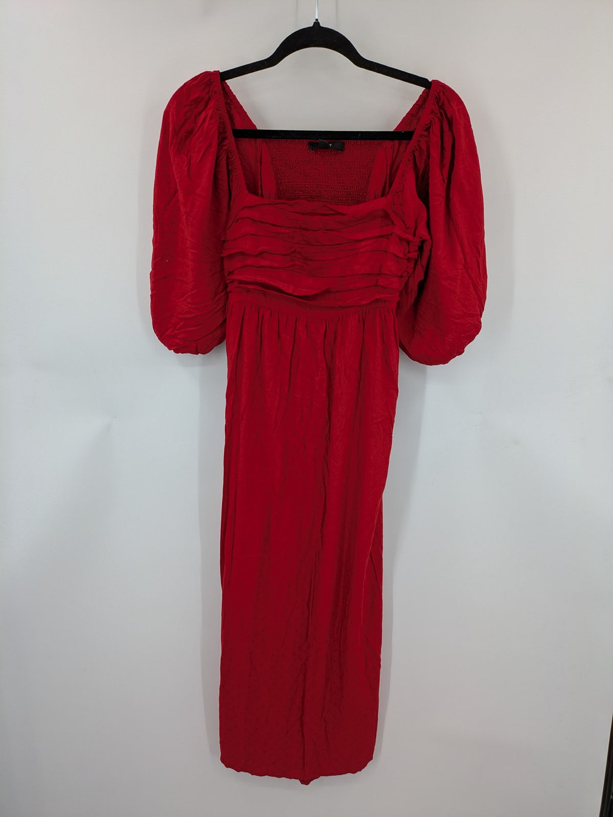 NEXT red midi dress with puff sleeves, smocked bodice, and stylish back cut-out.