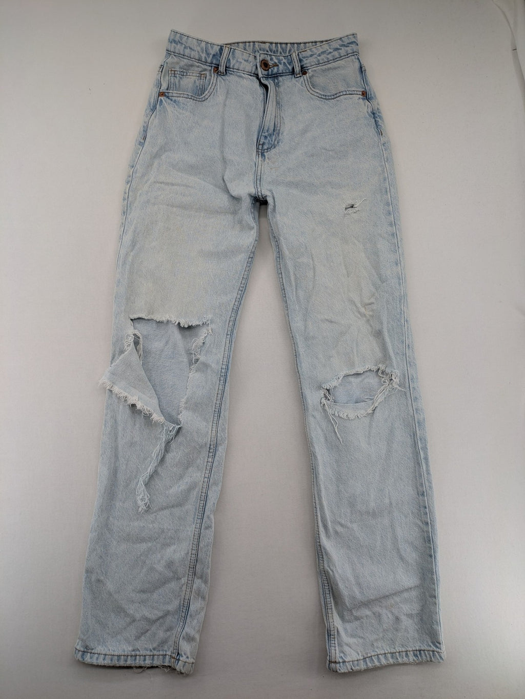 FB Sister blue mom jeans high waist distressed denim with knee rips and classic fit.