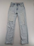 FB Sister blue mom jeans high waist distressed denim with knee rips and classic fit.