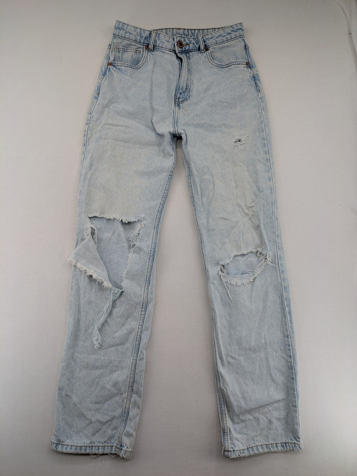 FB Sister blue mom jeans high waist distressed denim with knee rips and classic fit.