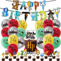 XXL Harry Potter birthday decoration set red and yellow with wizard-themed balloons and banner.