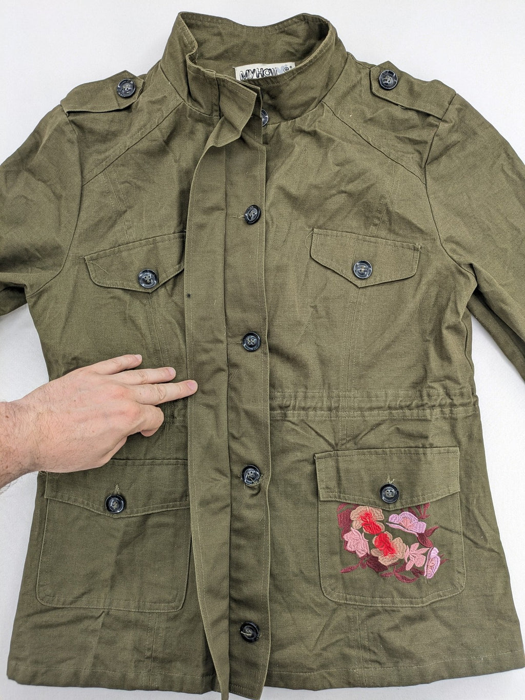 MyHailys green military jacket cotton with embroidered tiger and floral details.