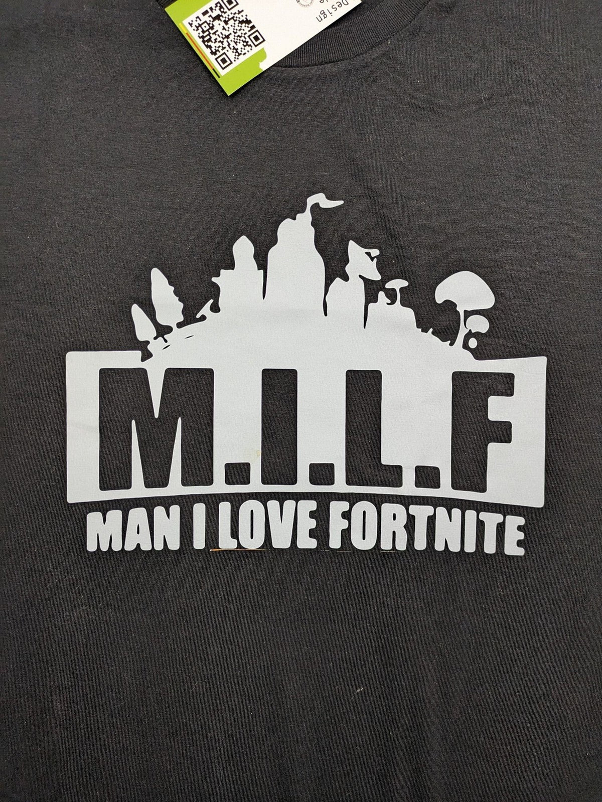 Fortnite black t-shirt with white "M.I.L.F. Man I Love Fortnite" graphic print.
