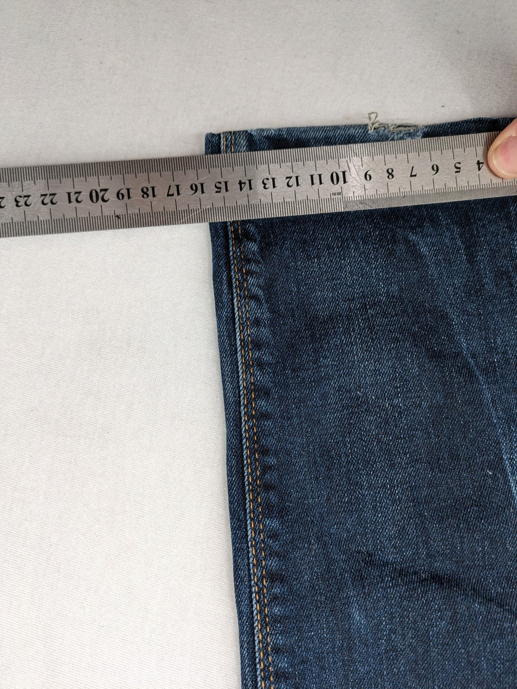 Lufian blue straight jeans dark wash distressed 5-pocket style with stretch denim.