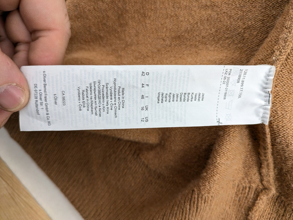 s.Oliver brown turtle neck jumper with hood, open front design, soft knit material.