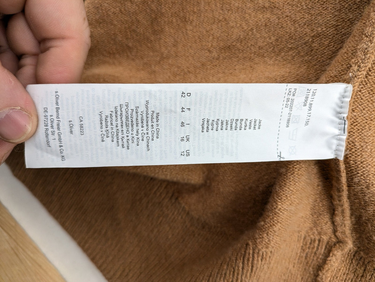 s.Oliver brown turtle neck jumper with hood, open front design, soft knit material.