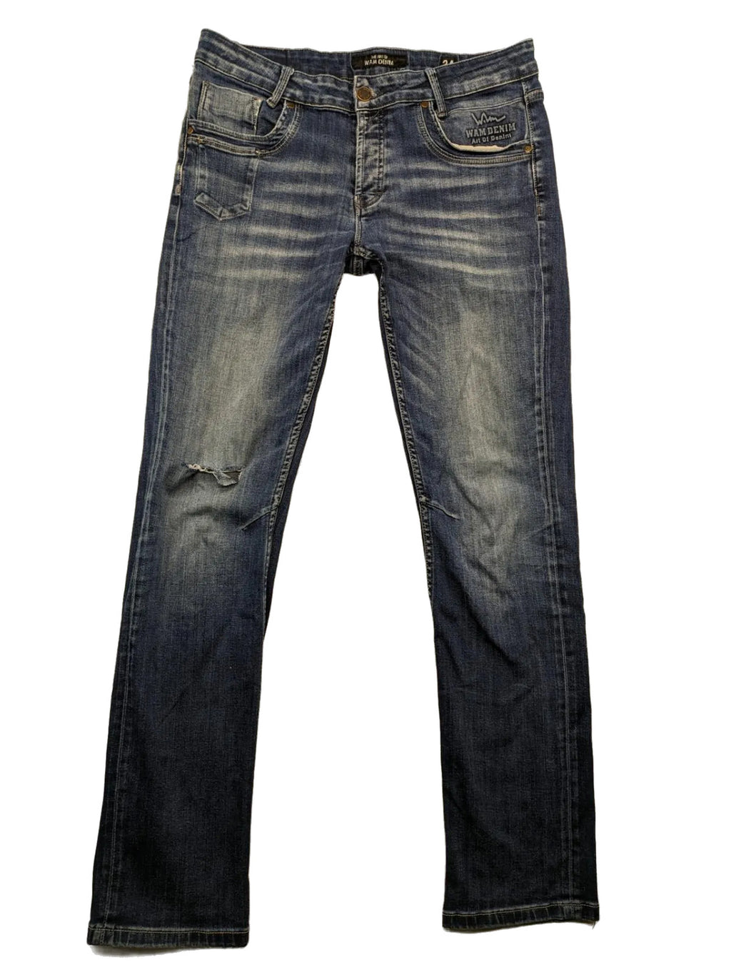 WAM Denim blue straight jeans with distressed details and button fly.