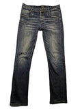 WAM Denim blue straight jeans with distressed details and button fly.
