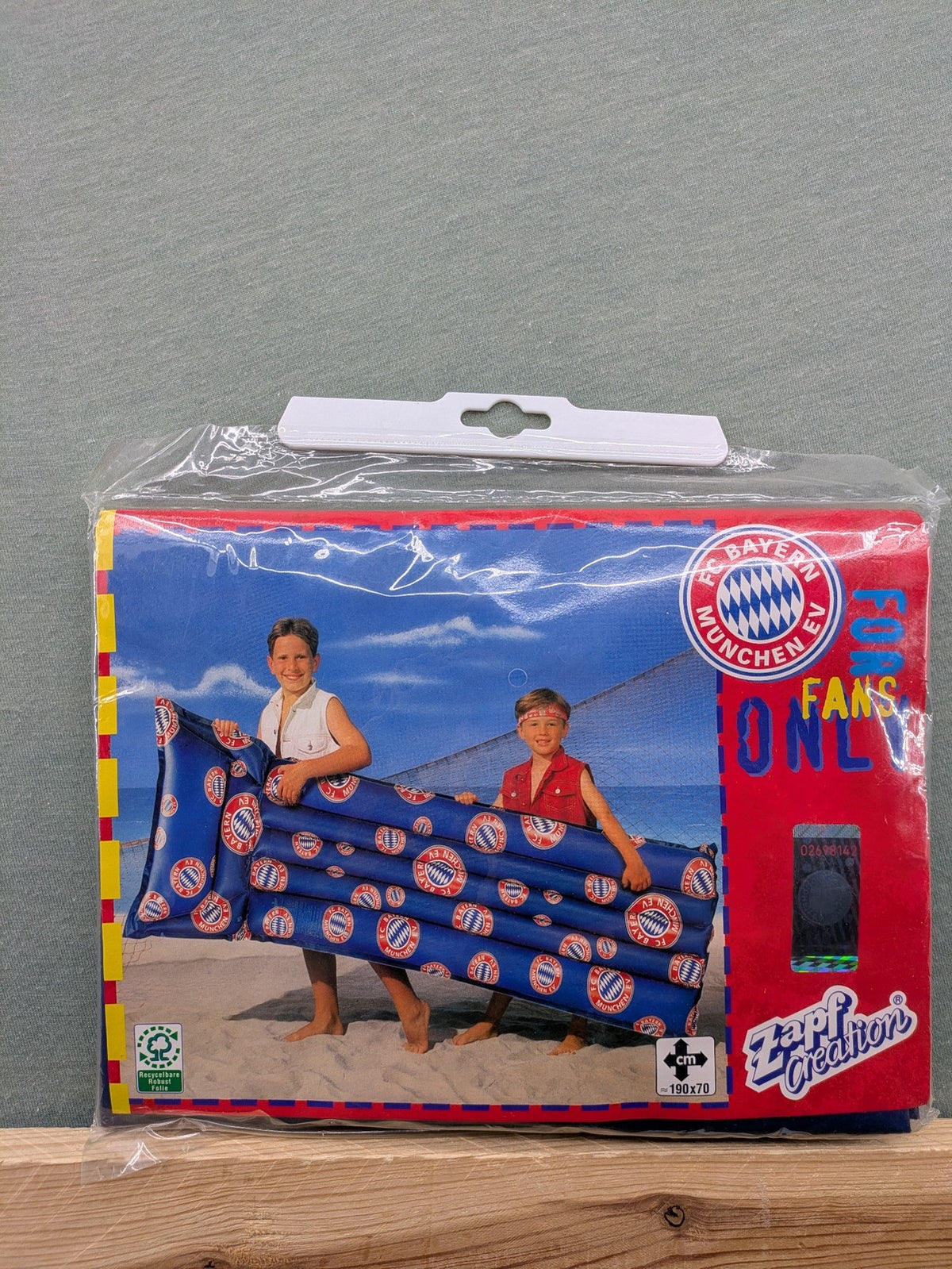 FC Bayern München blue, red, white air mattress with classic logo and vintage design.