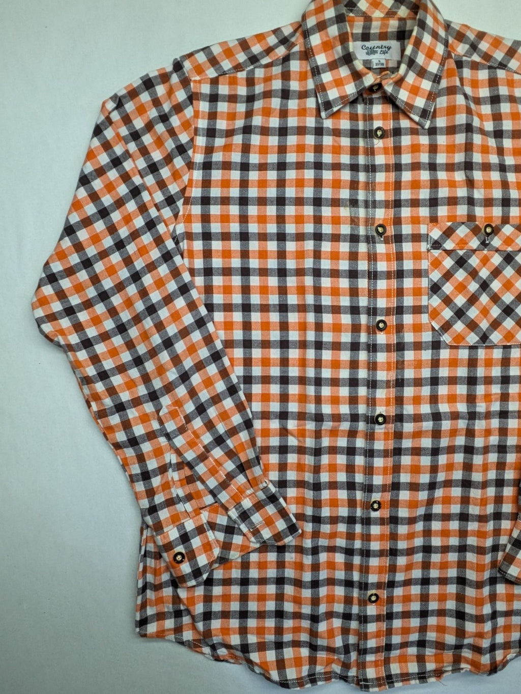 Country Life orange checkered shirt, 100% cotton, single chest pocket, button-down style.