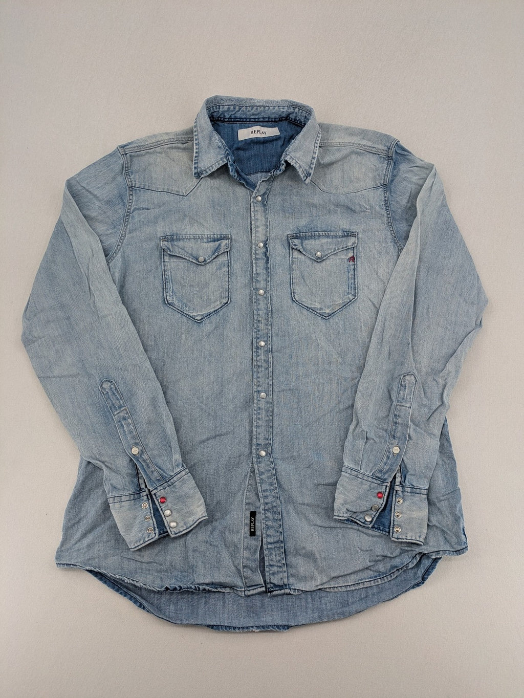 Replay denim western shirt light blue with pearl snap buttons and iconic yoke design.